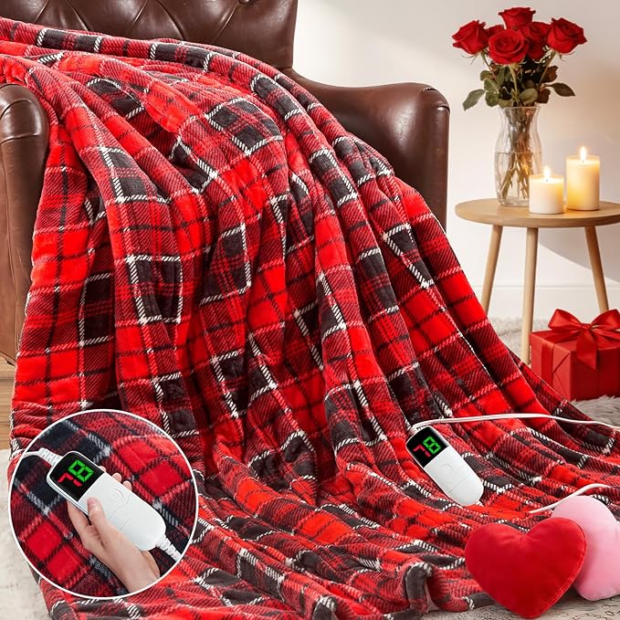 Heated Electric Blanket Full Size,72X84 Heating Blanket,Red Plaid Soft Sherpa Blankets Warmer Gift for Grandma Women Adult,Fast Heating Washable