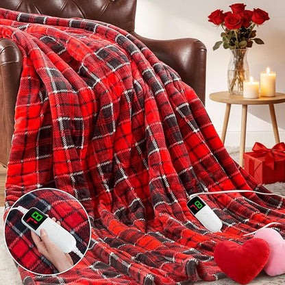 Heated Electric Blanket Full Size,72X84 Heating Blanket,Red Plaid Soft Sherpa Blankets Warmer Gift for Grandma Women Adult,Fast Heating Washable