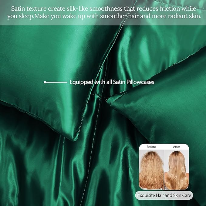 Whale Flotilla 2-Piece Reversible Silky Soft Twin Size Comforter Bedding Set, Luxurious Satin Comforters with Satin Pillowcase, Lightweight Duvet for All Seasons,Deep Green