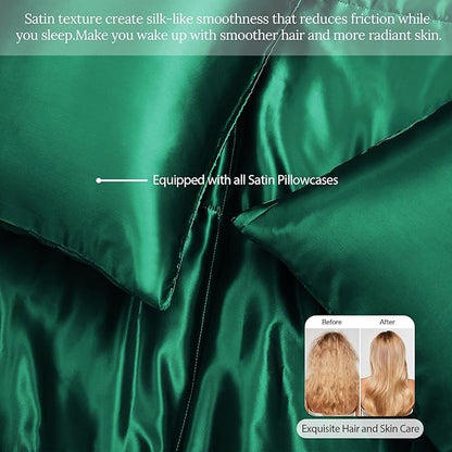 Whale Flotilla 2-Piece Reversible Silky Soft Twin Size Comforter Bedding Set, Luxurious Satin Comforters with Satin Pillowcase, Lightweight Duvet for All Seasons,Deep Green