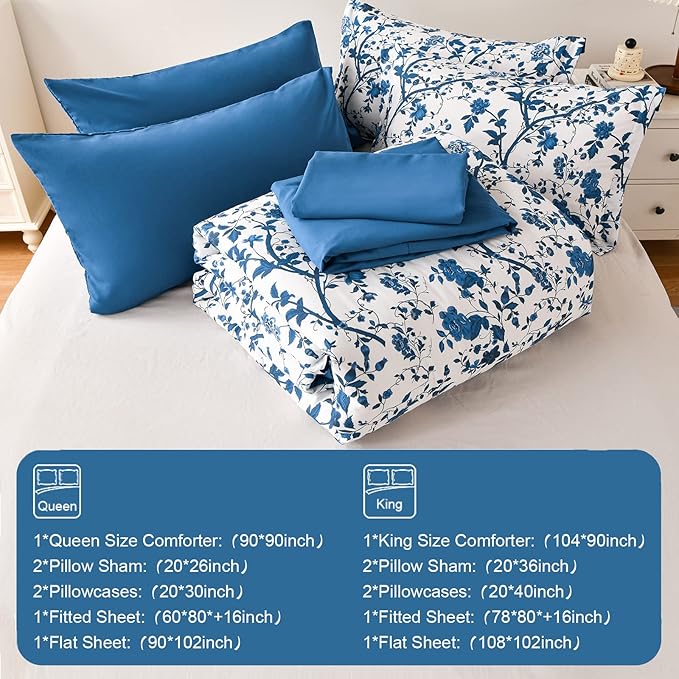 Comforter Set for Queen Bed -7 Pieces Bed in a Bag Soft Microfiber Bed Set Blue Leaves Floral Pattern on White Spring Queen Comforter Sets with Sheets for All Seasons (Queen, Blue)