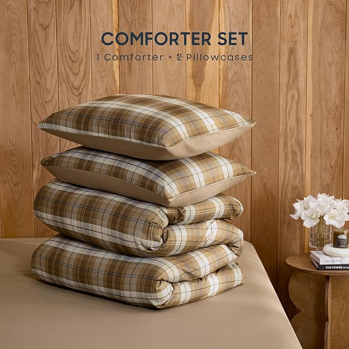 Wake In Cloud - Plaid Comforter Set, Scottish Tartan Check Geometric Modern Pattern Printed, Soft Lightweight Bedding, 3 Pieces, Brown, Full Size