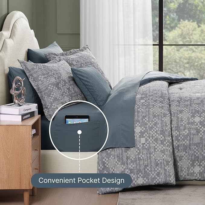 MaiRêve Queen Comforter Set Navy Blue, Crinkle Textured Design Bedding Set 7 Pieces Bed in A Bag, All Season Farmhouse Comforter Set with Sheets, Pillowcases & Shams