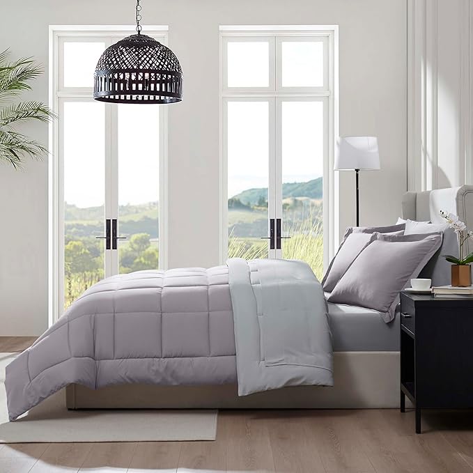 Nestl 7 Piece Queen Comforter Set – Grey Lavender Reversible Bed in a Bag – Complete Queen Size Bedding Set with Sheets, Pillowcases and Shams