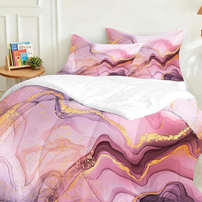 Pink Marble Comforter Set King Pink and Gold Marble Bedding Set for Girls Women Room Decor Modern Aesthetic Microfiber Bedding Set with 1 Comforter and 2 Pillowcases