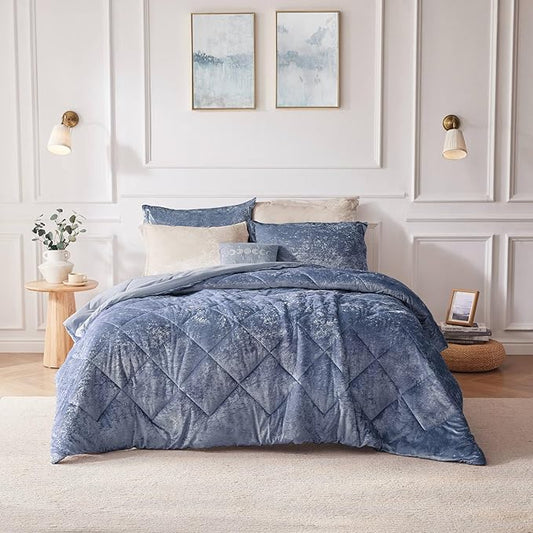 Intelligent Design King Comforter Set, Velvet Comforter Set , Luxury Diamond Quilting Comforter Set, Fluffy Comforter Bed Set with Decorative Pillowand 2 Shams, 4 Piece Blue, King/ Cal King