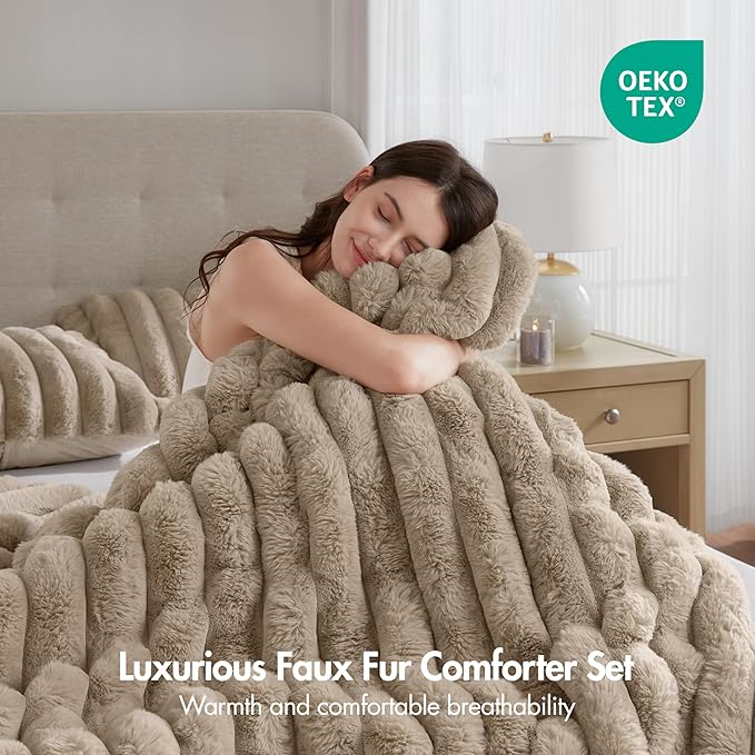 Madison Park Jasmine Queen Comforter Set, Luxurious Reversible Faux Fur Plush Ribbed Velvet Bedding, Fuzzy Thick Warm Winter Comforter, Super Soft Fluffy 3-Piece Set Taupe