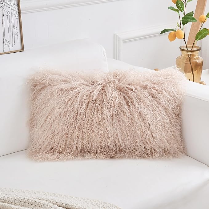Genuine Mongolian Lamb Fur Pillow Cover – 12"x20" Rectangular Cushion Case – Soft Curly Wool Decorative Accent for Sofa, Bed, or Chair (Dusty Pink)