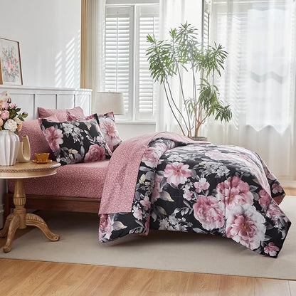 Joyreap 7 Piece Bed in a Bag Queen, Floral Comforter Sheet Set, Tie-dye Pink Flowers on Black Design, All Season Microfiber Bedding Comforter Set