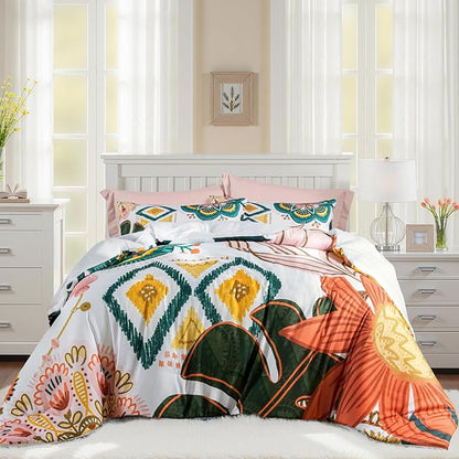 Boho Floral Twin Comforter Set - 2 Piece Farmhouse Botanical Bedding Comforter Sets for All Season Soft Lightweight Mid Century Modern Bed Set, (1 Reversible Comforter and 1 Pillow Sham