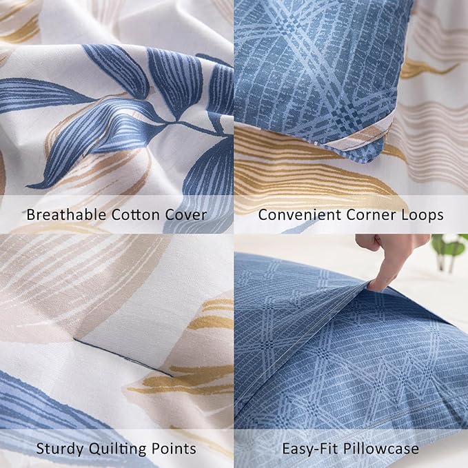 Blue Botanical Cotton Comforter King Size - 3PC Lightweight Bedding Sets with Ultra-Soft Alternative Fill, Reversible Design with Leaf Pattern, Dark Blue & White (1 Comforter, 2 Pillowshams)