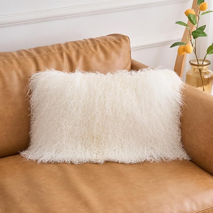 Genuine Mongolian Lamb Fur Pillow Cover – 12"x20" Rectangular Cushion Case – Soft Curly Wool Decorative Accent for Sofa, Bed, or Chair (Natural White)