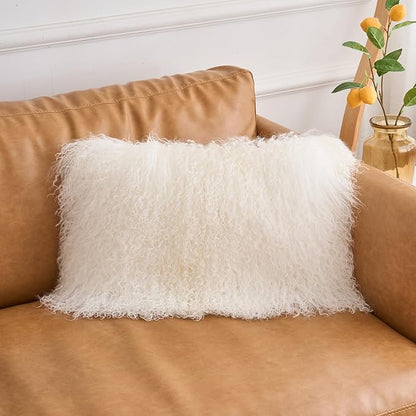 Genuine Mongolian Lamb Fur Pillow Cover – 12"x20" Rectangular Cushion Case – Soft Curly Wool Decorative Accent for Sofa, Bed, or Chair (Natural White)