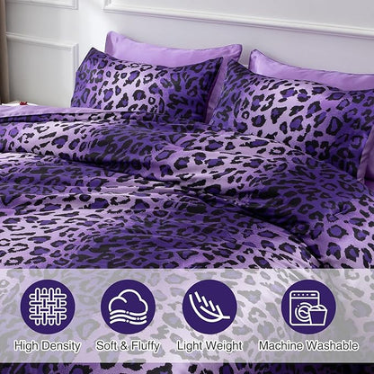 A Nice Night Leopard Printed，Satin Silky Soft Quilt Sexy Luxury Super Soft Microfiber Comforter Quilt Bedding Comforter Set Full/Queen, Light Weighted (Purple, King(88-by-102-inches))