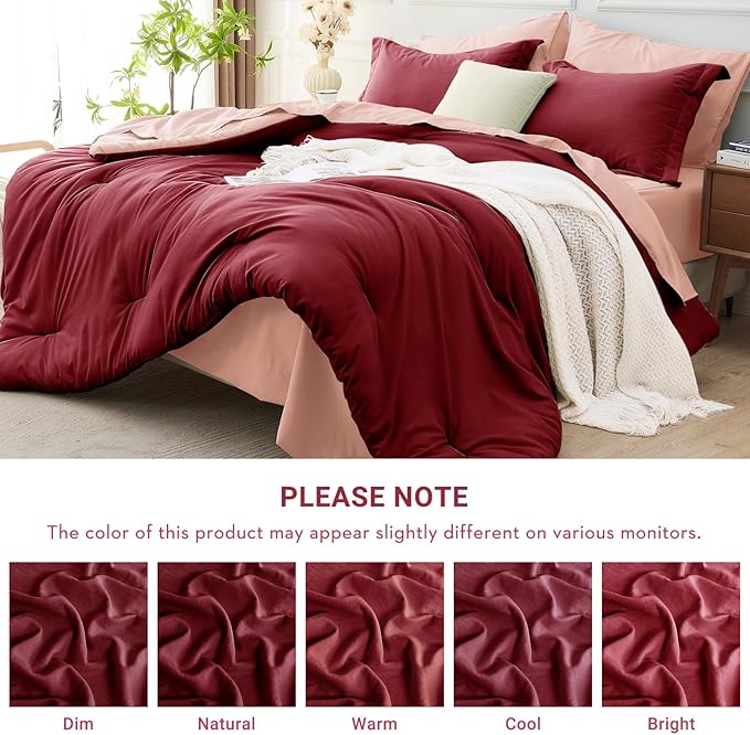 MUXHOMO 7 Pieces King Comforter Set, Soft Bed in a Bag King Size, All Season Bedding Set with Comforter, Flat Sheet, Fitted Sheet, Pillowcases & Shams, Burgundy & Rose Gold