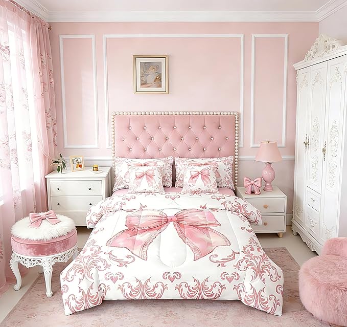 jejeloiu Girls Pretty Ribbon Pink Bow 7 Piece Bedding Set Queen Size Pink Damask Comforter Set with Sheets for Kids Women Cute Bow Bed in a Bag Princess Bed Set