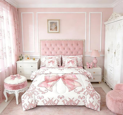 jejeloiu Girls Pretty Ribbon Pink Bow 7 Piece Bedding Set Queen Size Pink Damask Comforter Set with Sheets for Kids Women Cute Bow Bed in a Bag Princess Bed Set