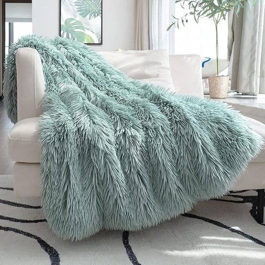JONIYEAR Oversized Decorative Fluffy Faux Fur Throw Blanket Twin Size 60" x 71", Soft Luxury Lightweight Furry Blankets, Accent Cozy Shaggy Plush Thick Warm Fuzzy Blankets for Winter Bed Couch, Aqua