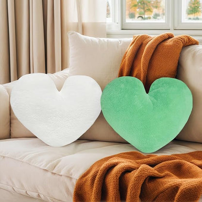 2 Pcs Heart Pillow Decorative Throw Pillows 16-inch Cute Soft Fluffy Heart Shaped Pillows for Bed Couch Sofa Bedroom Living Room Decor Aesthetic (White & Green, 16"x13.78")