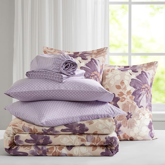 Madison Park Essentials Twin Comforter Set with Sheets, Floral Bed in A Bag Microfiber Comforter for Twin-Size Bed, Shabby Chic Bedding Set Diamond Printed Sheet, Luna, Taupe 5 Piece