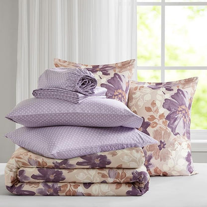 Madison Park Essentials Twin Comforter Set with Sheets, Floral Bed in A Bag Microfiber Comforter for Twin-Size Bed, Shabby Chic Bedding Set Diamond Printed Sheet, Luna, Taupe 5 Piece