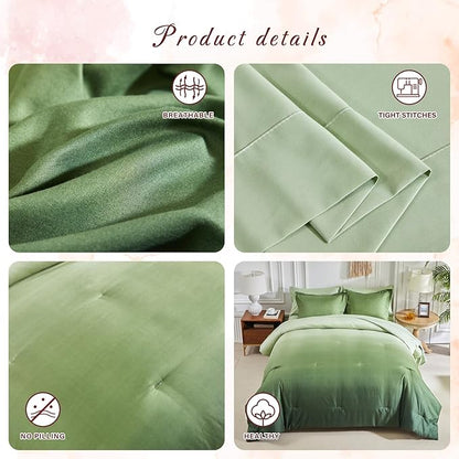 Olive Green and White Gradient Comforter Set Queen Size 7 Pieces Elegant Ombre Bed in a Bag - Reversible All Season Bedding Set with Comforter, Flat Sheet, Fitted Sheet, 2 Pillowcases & 2 Pillow Shams
