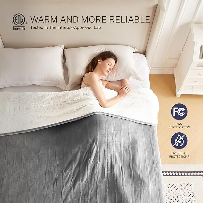 Electric Blanket Twin 62"x84" Heated Electric Blankets 10 Heating Levels 12 Time Settings 8 Hours Auto Off Fast Heating and Overheat Protection ETL Certified Machine Washable,Light Grey