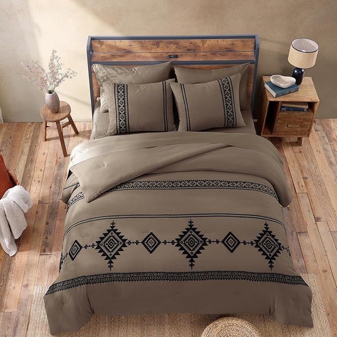 MaiRêve Embroidery Full Size Comforter Set Taupe Grey, Farmhouse Western Boho Bedding Set 7 Pieces, All Season Bed in A Bag Comforter Set with Sheets, Pillowcases & Shams