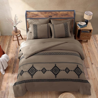 MaiRêve Embroidery Queen Size Comforter Set Taupe Grey, Boho Farmhouse Western Bedding Set 7 Pieces, All Season Bed in A Bag Comforter Set with Sheets, Pillowcases & Shams