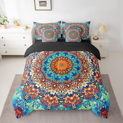 Boho Mandala Comforter Set Art Deco Vintage Bedding Comforter Sets, Retro Bohemian Bed in a Bag Paisley Bedding King Size 7pcs, Oriental Medallion Bedding Accessories Colorful Aesthetic Bedroom Decor