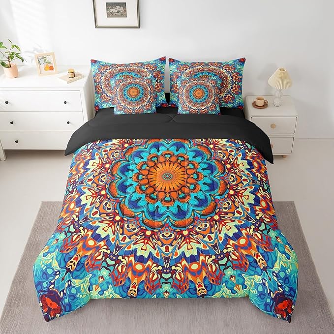 Boho Mandala Queen Size Comforter Set Art Deco Vintage Bedding Comforter Sets, Retro Bohemian Bed in a Bag 7pcs Paisley Bedding Set, Oriental Medallion Bed Set Colorful Aesthetic Bedroom Decor