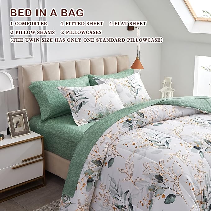 Joyreap 7 Piece Bed in a Bag Queen, Green Leaves Printed on White Botanical Design, Microfiber Set for All Season (1 Comforter, 2 Pillow Shams, 1 Flat Sheet, 1 Fitted Sheet, 2 Pillowcases)