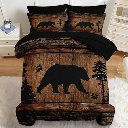 Nesker 5 Pcs Comforter Set Twin Size, Wild Animal Brown Wooden Plank Bedding Set for Kids and Adults, Bears Farmhosue Cabin Rustic Bed Sheet Sets with Fitted Sheet Pillowcases & Shams