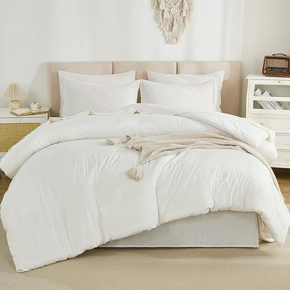 Litanika Oversized Queen Size Comforter Set Ivory - 7 Pieces Bed in a Bag Oversized Beddding Sets, Solid Lightweight Bed Set with Comforter, Sheets, Pillowcases & Shams