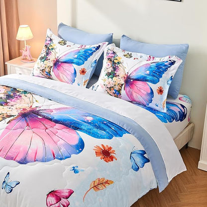7 Piece Butterfly Comforter Set Queen Size 3D Colorful Floral Butterflies Bedding Set for Kids Girls Women for Birthday
