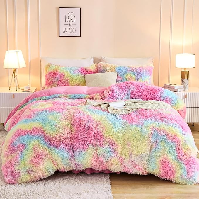 Andency Faux Fur Tie-Dyed Rainbow Comforter King Size, 3 Pieces Fluffy Fuzzy Plush Bedding Comforter Set (1 Shaggy Velvet Comforter & 2 Pillowcases), Soft Puffy Comfy Down Comforter Bedding Set