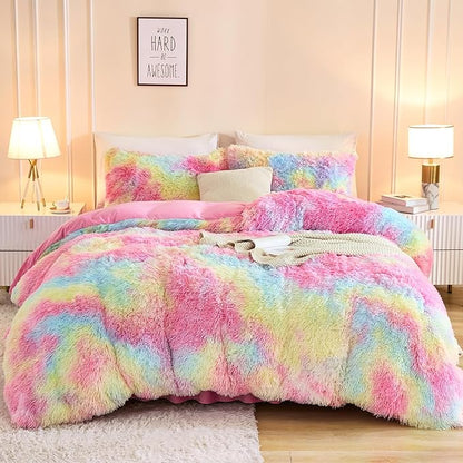 Andency Faux Fur Tie-Dyed Rainbow Comforter King Size, 3 Pieces Fluffy Fuzzy Plush Bedding Comforter Set (1 Shaggy Velvet Comforter & 2 Pillowcases), Soft Puffy Comfy Down Comforter Bedding Set