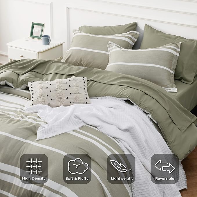 Bedsure Twin Comforter Set 5 Pieces, Olive Green Striped Bedding Set for All Seasons, Reversible, Cationic Dyeing Bed in a Bag with Comforter, Sheets, Pillowcase & Sham