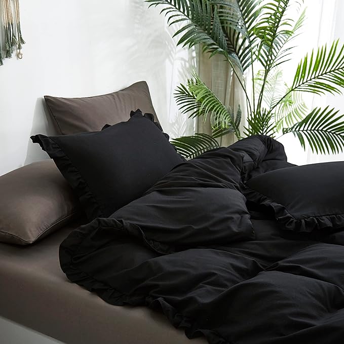 CLOTHKNOW Black Ruffles Twin/Twin XL Comforter Set 3Pcs Farmhouse Bedding Comforter Sets Shabby Chic Boho Comforter with 2 x Pillow Cases