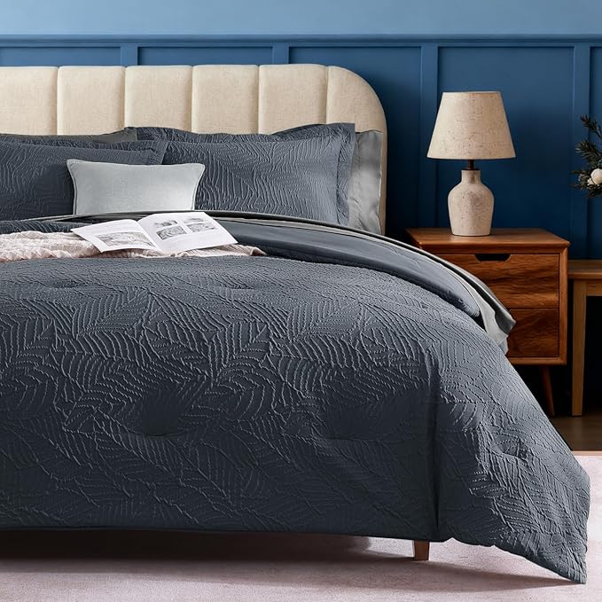 Geniospin Queen Comforter Set - 7 Pieces Blue Gray Textured Queen Bedding Sets with Comforter, Sheets, Pillowcases & Shams，All Season Blue Gray Bedding