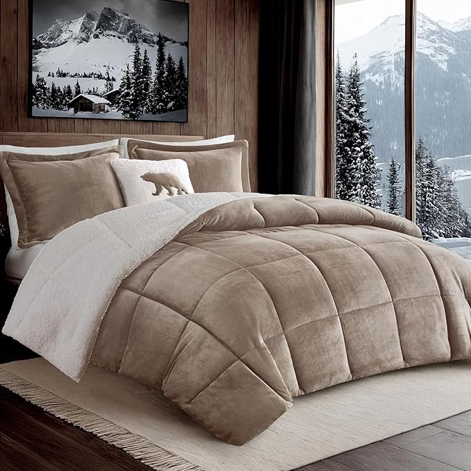 Woolrich Reversible Comforter Set Ultra Soft Plush to Sherpa, Down Alternative, Cold Weather Winter Warm Bedding, with Matching Sham, Decorative Pillow Taupe/Ivory King 3 Piece