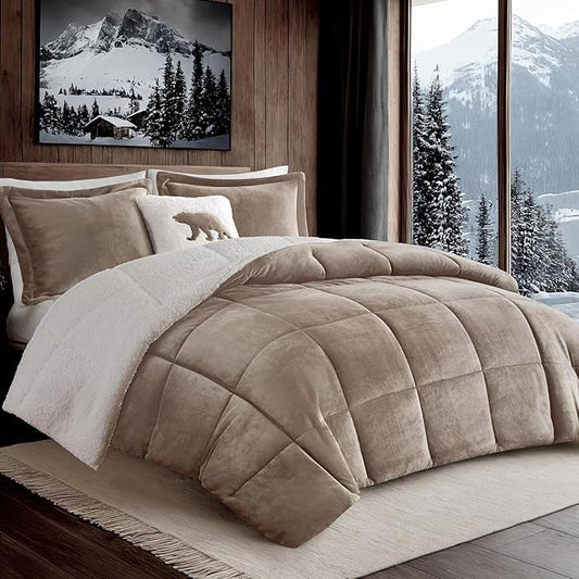 Woolrich Reversible Comforter Set Ultra Soft Plush to Sherpa, Down Alternative, Cold Weather Winter Warm Bedding, with Matching Sham, Decorative Pillow Taupe/Ivory King 3 Piece
