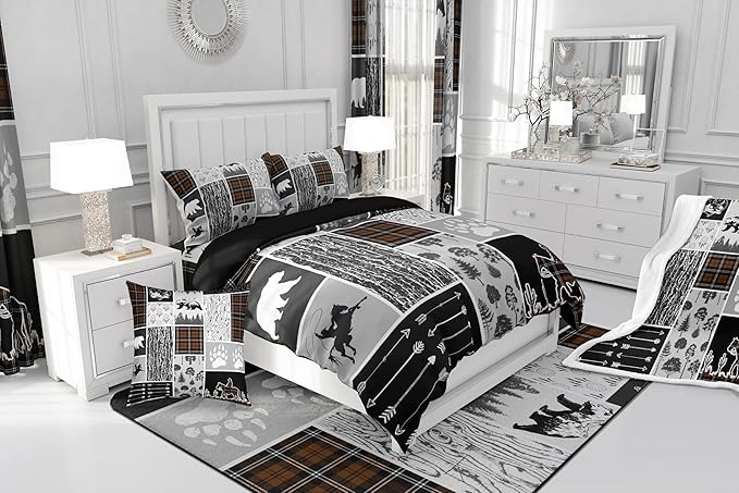 Erosebridal Western Bedding Queen Size,Farmhouse Horse Cowboy Comforter Set Cabin Decor,Retro Brown Plaid Grid Quilt Western Bed Set,Wild Animals Paw Arrow Hunting Theme Duvet Insert