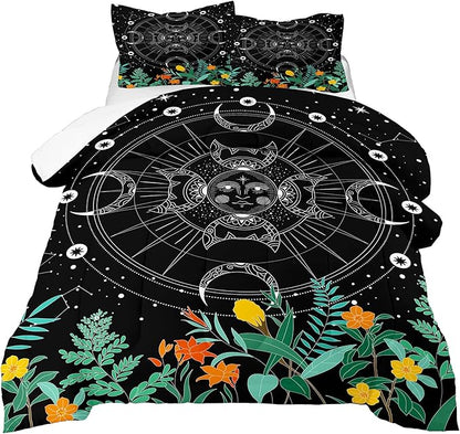 Tailor Shop Celestial Comforter Full Size,Sun and Moon Bedding for Boys Girls Kids Teens,Galaxy Comforter,Gothic Witchy Boho Exotic Black Bed with 2 Pillowcases