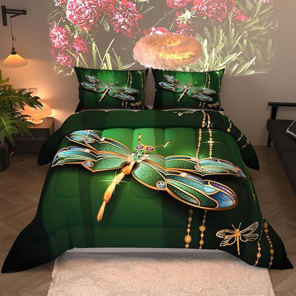 Dragonfly Comforter Sets for Kids Adults,3D Pattern with Bright Dark Green Colors,Decorative Bedding Comforter Sets with 2 Pillow Shams, Queen Size