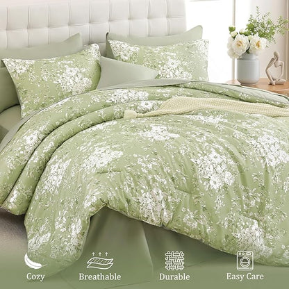 WONGS BEDDING King Size Comforter Set, 8 Pieces Sage Green Floral Bed in a Bag Comforter Sets, Botanical Print Soft Fluffy Microfiber Complete Bedding Sets for All Season (90"x104")