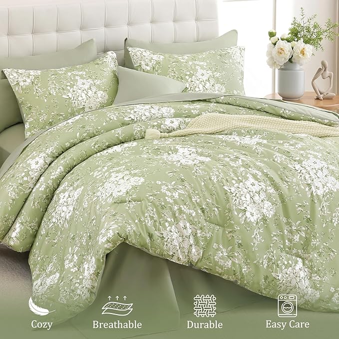 WONGS BEDDING Queen Size Comforter Set, 8 Pieces Sage Green Floral Bed in a Bag Comferter Sets, Botanical Print Soft Fluffy Microfiber Complete Bedding Sets for All Season (90"x90")