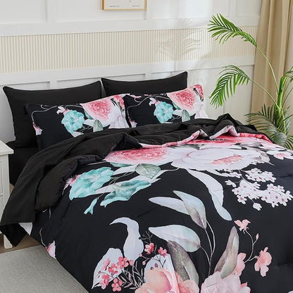Yogeneg King Size Comforter Set 7 Piece Bed in a Bag,Pink Floral Botanical Pattern Black Bedding Set,Soft Microfiber Comforter with Sheet Set,All Season Bed Set(Pink,King)