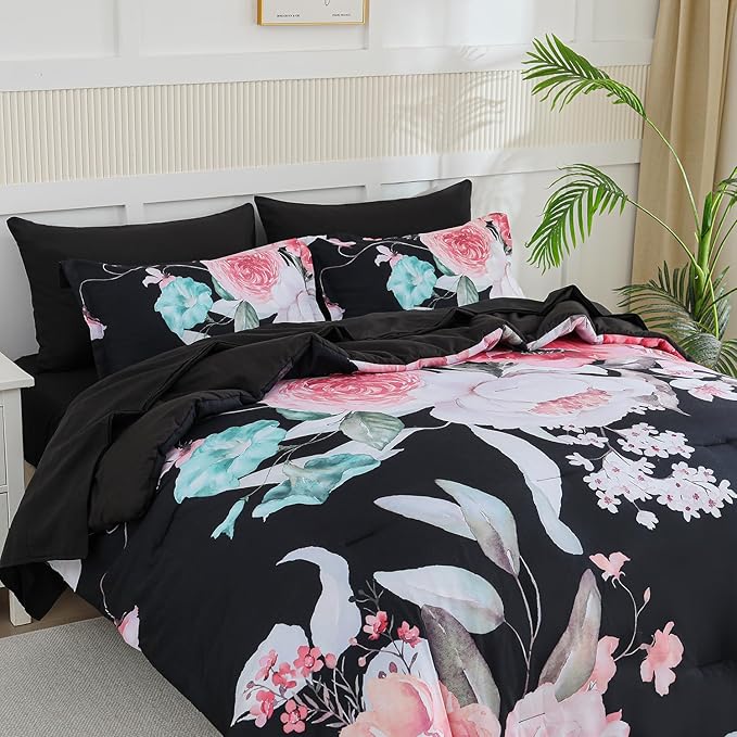 Yogeneg Queen Comforter Set 7 Piece Bed in a Bag,Pink Floral Botanical Pattern Black Bedding Set,Soft Microfiber Comforter with Sheet Set,All Season Bed Set(Pink,Queen)
