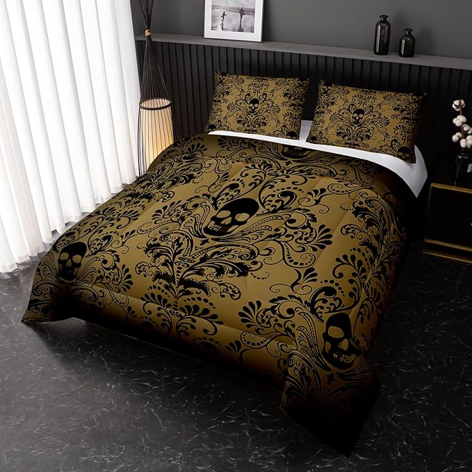 Adults Yellow Gothic Comforter Set Queen Size,Vintage Damask Floral Bedding Set 3Pcs,Bohemia Bedding Set Goth Skull Printed Quilted Set for Teens Adult with 1 Comforter and 2 Pillowcase